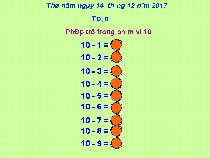 Thø năm ngµy 14 th¸ng 12 n¨m 2017 To¸n PhÐp trõ trong ph¹m vi