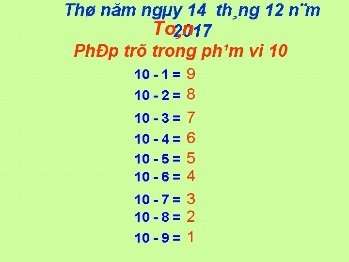 Thø năm ngµy 14 th¸ng 12 n¨m To¸n 2017 PhÐp trõ trong ph¹m vi