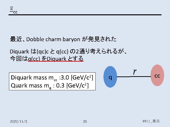 Ξcc 最近、Dobble charm baryon が発見された Diquark は(qc)c と q(cc) の 2通り考えられるが、 今回はq(cc) をDiquark とする