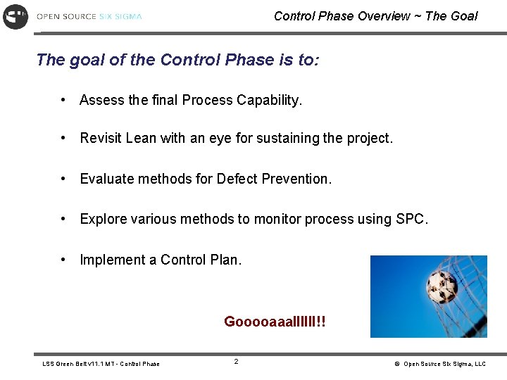 Control Phase Overview ~ The Goal The goal of the Control Phase is to: