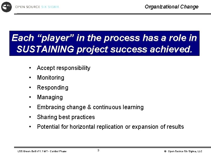 Organizational Change Each “player” in the process has a role in SUSTAINING project success