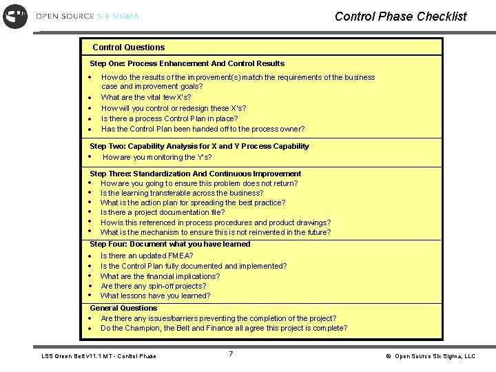 Control Phase Checklist Control Questions Step One: Process Enhancement And Control Results · ·