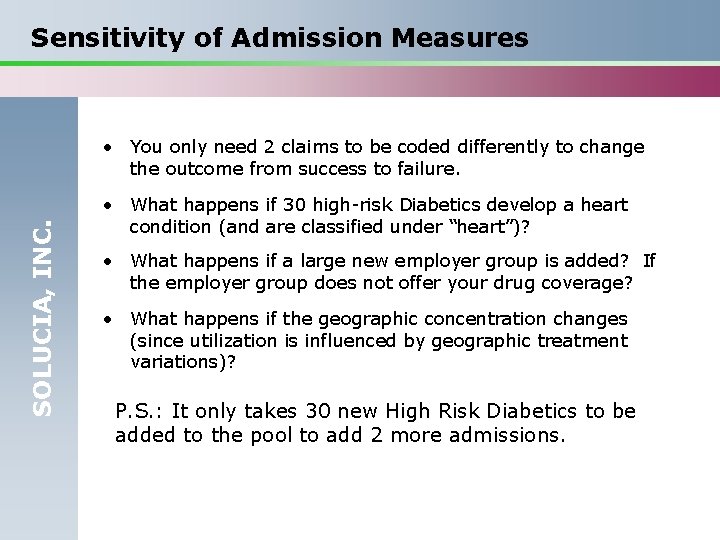 Sensitivity of Admission Measures SOLUCIA, INC. • You only need 2 claims to be