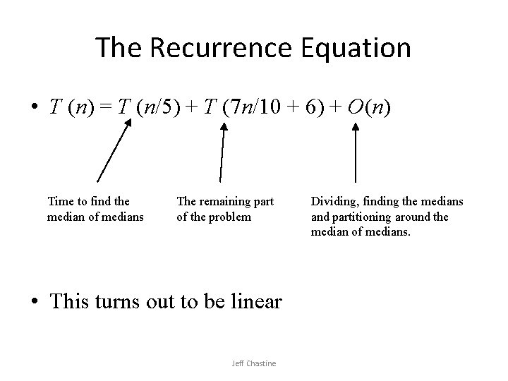 The Recurrence Equation • T (n) = T (n/5) + T (7 n/10 + The Recurrence Equation • T (n) = T (n/5) + T (7 n/10 +