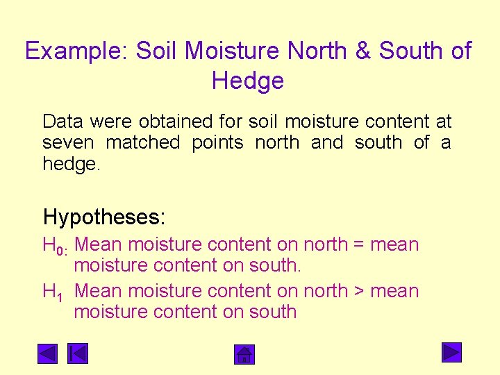 Example: Soil Moisture North & South of Hedge Data were obtained for soil moisture