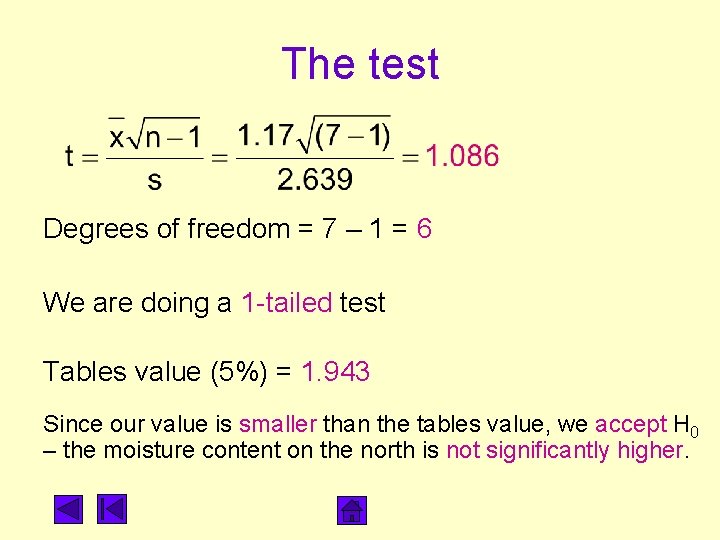 The test Degrees of freedom = 7 – 1 = 6 We are doing