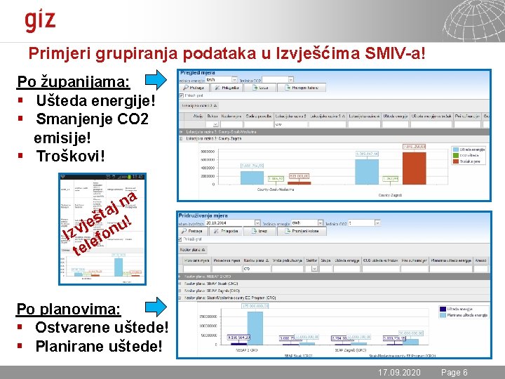 Primjeri grupiranja podataka u Izvješćima SMIV-a! Po županijama: § Ušteda energije! § Smanjenje CO