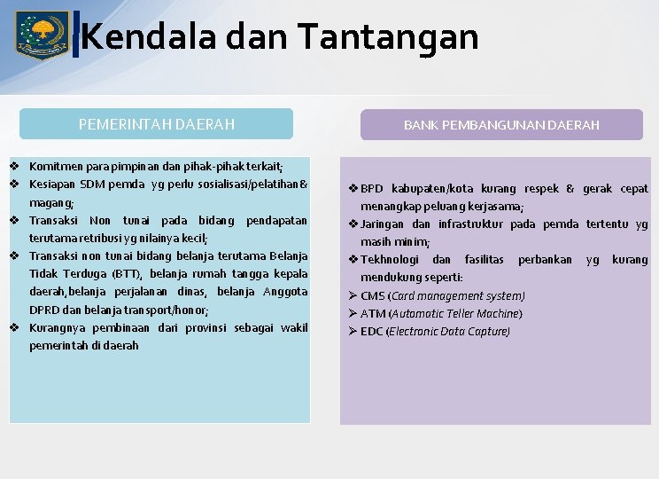 Kendala dan Tantangan PEMERINTAH DAERAH BANK PEMBANGUNAN DAERAH v Komitmen para pimpinan dan pihak-pihak