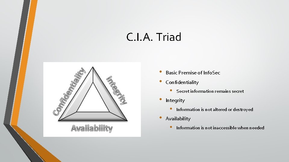 C. I. A. Triad • • Basic Premise of Info. Sec Confidentiality • •