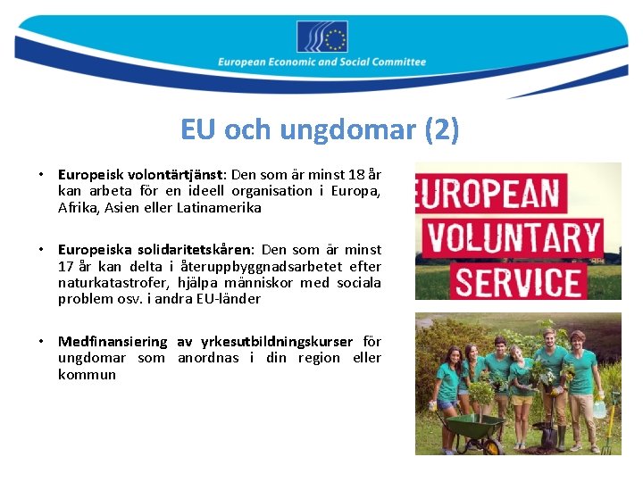 EU och ungdomar (2) • Europeisk volontärtjänst: Den som är minst 18 år kan