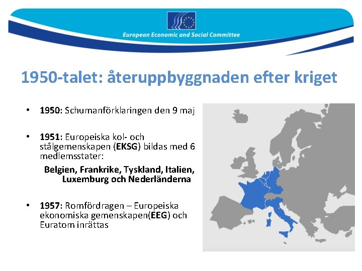 1950 -talet: återuppbyggnaden efter kriget • 1950: Schumanförklaringen den 9 maj • 1951: Europeiska