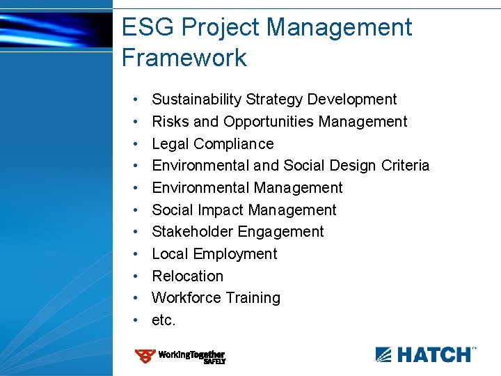 ESG Project Management Framework • • • Sustainability Strategy Development Risks and Opportunities Management