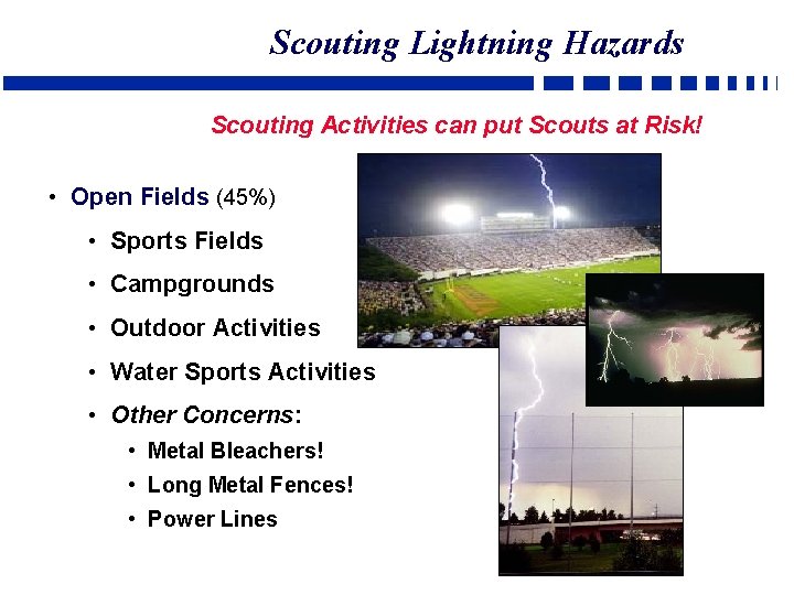 Scouting Lightning Hazards Scouting Activities can put Scouts at Risk! • Open Fields (45%)