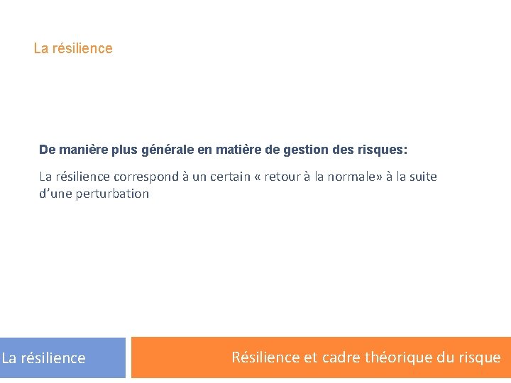 La résilience De manière plus générale en matière de gestion des risques: La résilience