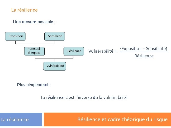 La résilience Une mesure possible : Vulnérabilité = (Exposition + Sensibilité) Résilience Plus simplement