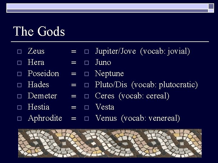 The Gods o o o o Zeus Hera Poseidon Hades Demeter Hestia Aphrodite =