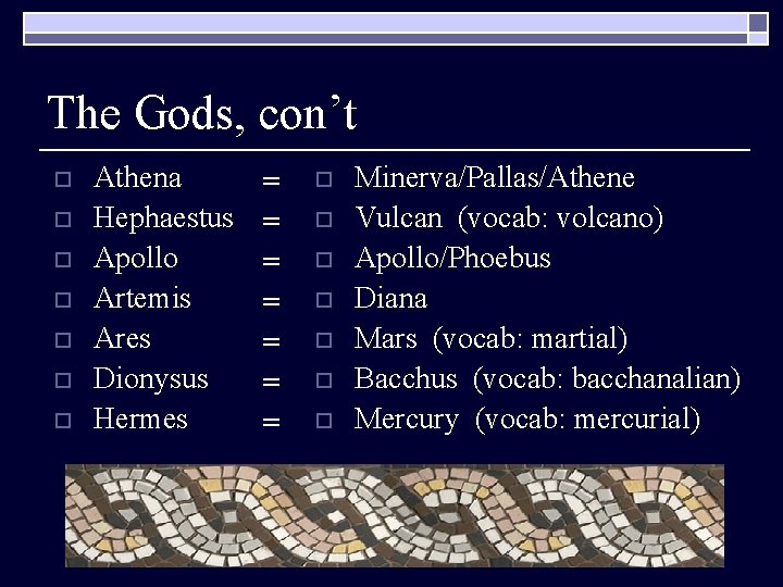 The Gods, con’t o o o o Athena Hephaestus Apollo Artemis Ares Dionysus Hermes