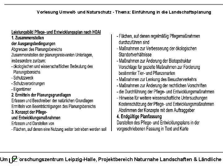 Vorlesung Umwelt- und Naturschutz - Thema: Einführung in die Landschaftsplanung Umweltforschungszentrum Leipzig-Halle, Projektbereich Naturnahe