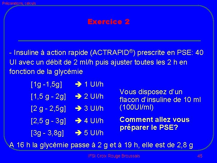 Préparations, calculs Exercice 2 - Insuline à action rapide (ACTRAPID®) prescrite en PSE: 40