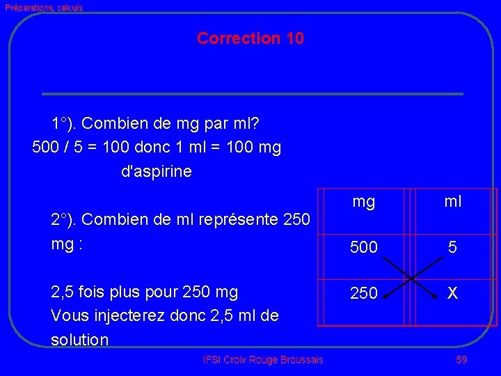 Préparations, calculs Correction 10 1°). Combien de mg par ml? 500 / 5 =