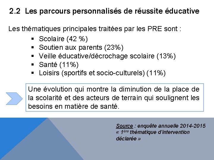 2. 2 Les parcours personnalisés de réussite éducative Les thématiques principales traitées par les