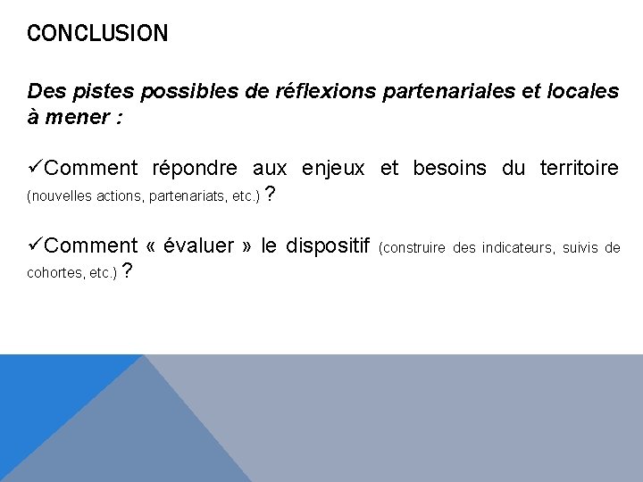 CONCLUSION Des pistes possibles de réflexions partenariales et locales à mener : üComment répondre