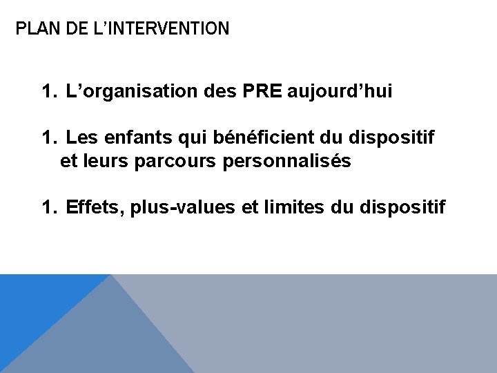 PLAN DE L’INTERVENTION 1. L’organisation des PRE aujourd’hui 1. Les enfants qui bénéficient du