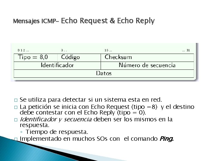Mensajes ICMP- Echo � � Request & Echo Reply Se utiliza para detectar si Mensajes ICMP- Echo � � Request & Echo Reply Se utiliza para detectar si