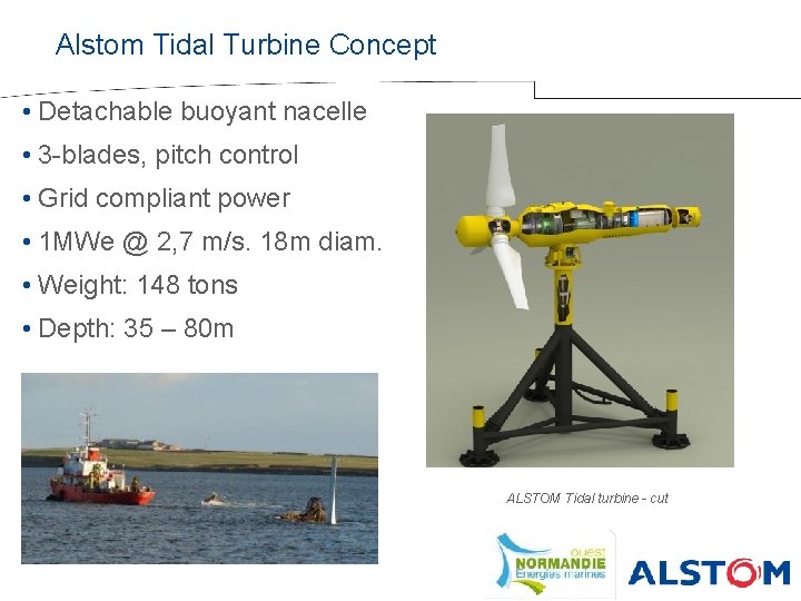 Alstom Tidal Turbine Concept • Detachable buoyant nacelle • 3 -blades, pitch control •