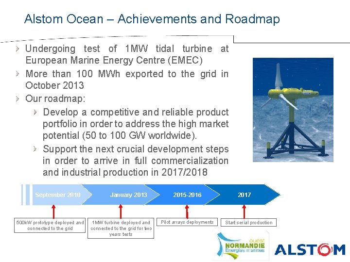 Alstom Ocean – Achievements and Roadmap Undergoing test of 1 MW tidal turbine at