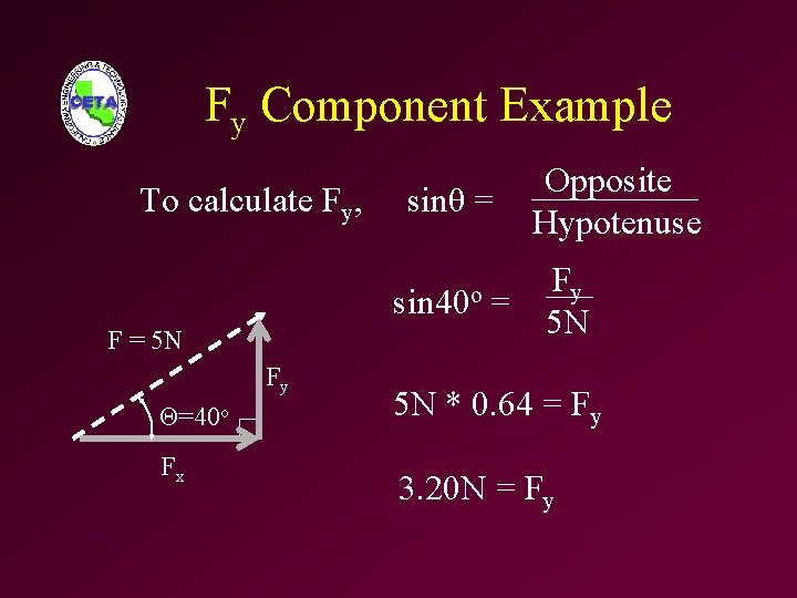 Fy Component Example To calculate Fy, sinθ = sin 40 o F = 5