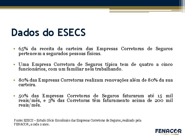 Dados do ESECS • 65% da receita da carteira das Empresas Corretoras de Seguros