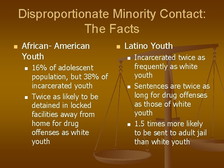 Disproportionate Minority Contact: The Facts n African- American Youth n n 16% of adolescent
