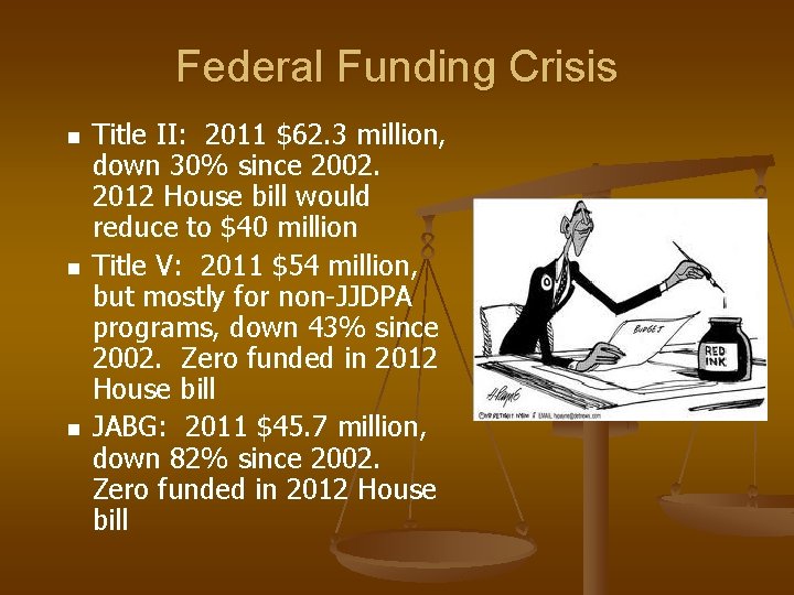 Federal Funding Crisis n n n Title II: 2011 $62. 3 million, down 30%