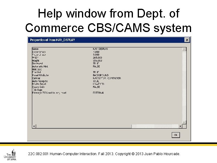 Help window from Dept. of Commerce CBS/CAMS system 22 C: 082: 001 Human-Computer Interaction.