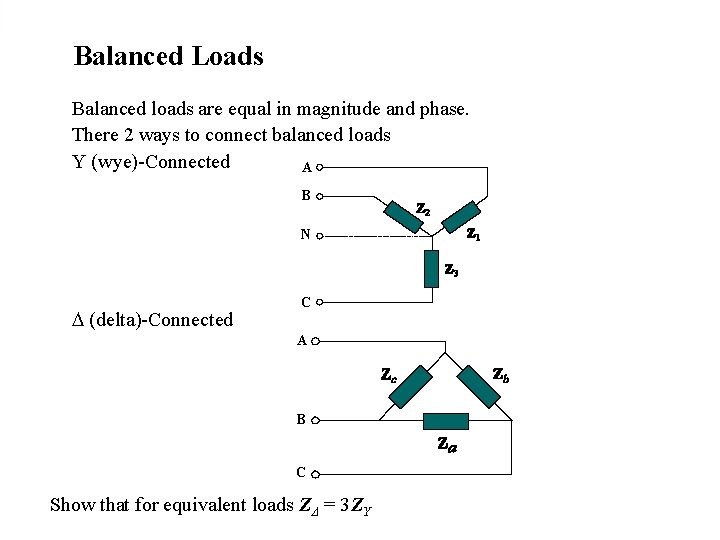 Balanced Loads Balanced loads are equal in magnitude and phase. There 2 ways to