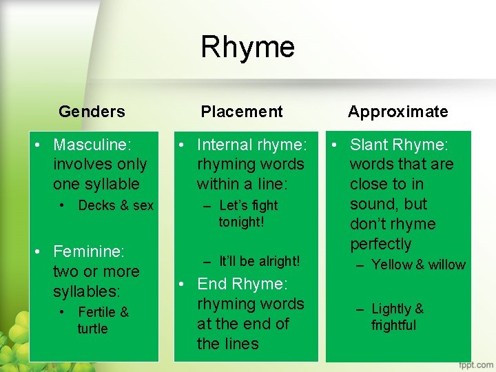 Rhyme Genders • Masculine: involves only one syllable • Decks & sex • Feminine: