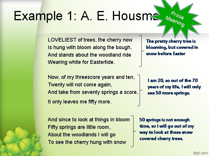 Example 1: A. E. Housman Pro Me se ani ng LOVELIEST of trees, the