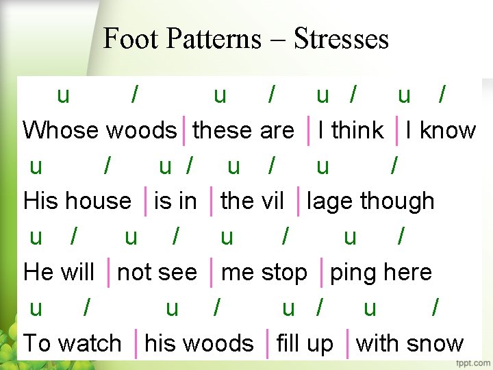 Foot Patterns – Stresses u / u / u / Whose woods│these are │I