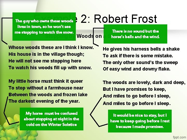 Example 2: Robert Frost The guy who owns these woods lives in town, so