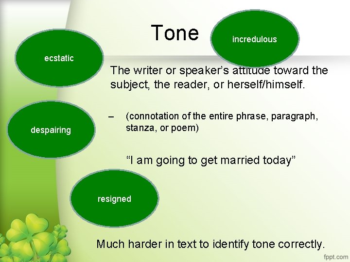 Tone incredulous ecstatic • The writer or speaker’s attitude toward the subject, the reader,