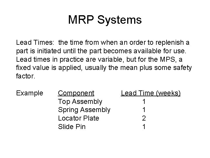 MRP Systems Lead Times: the time from when an order to replenish a part