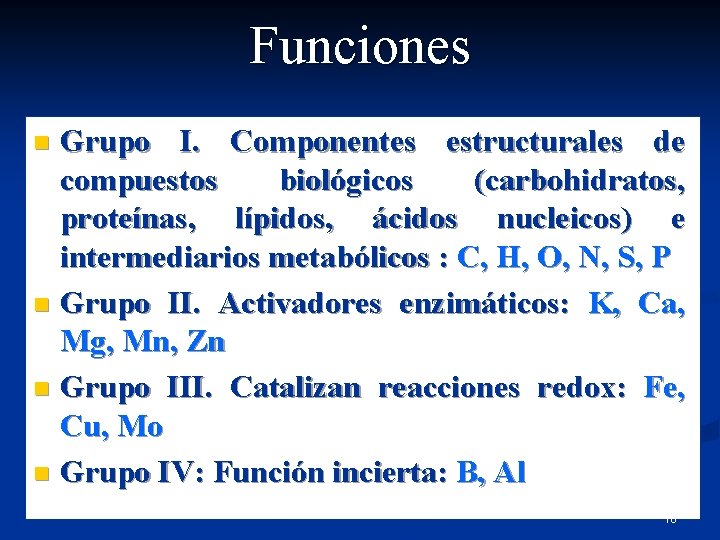 Funciones Grupo I. Componentes estructurales de compuestos biológicos (carbohidratos, proteínas, lípidos, ácidos nucleicos) e