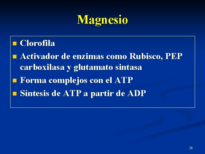 Magnesio Clorofila n Activador de enzimas como Rubisco, PEP carboxilasa y glutamato sintasa n