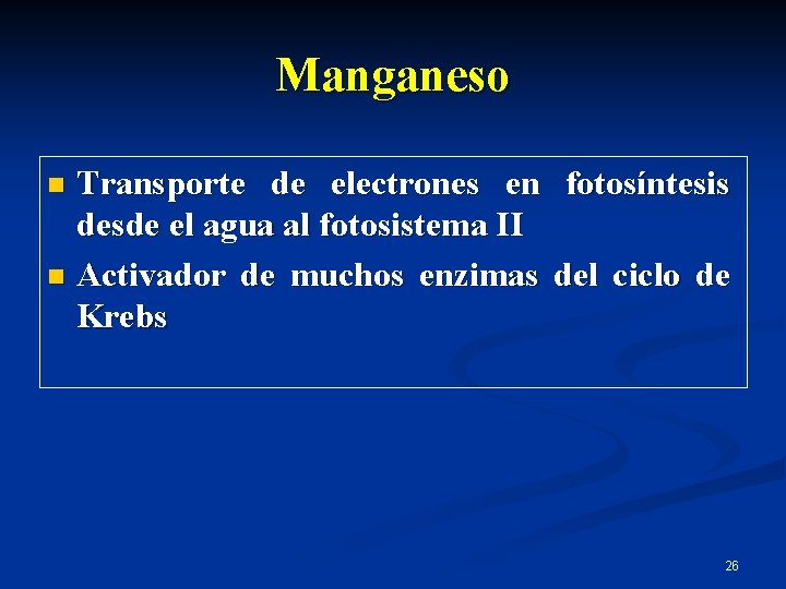 Manganeso Transporte de electrones en fotosíntesis desde el agua al fotosistema II n Activador