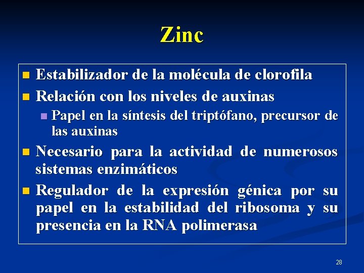 Zinc Estabilizador de la molécula de clorofila n Relación con los niveles de auxinas