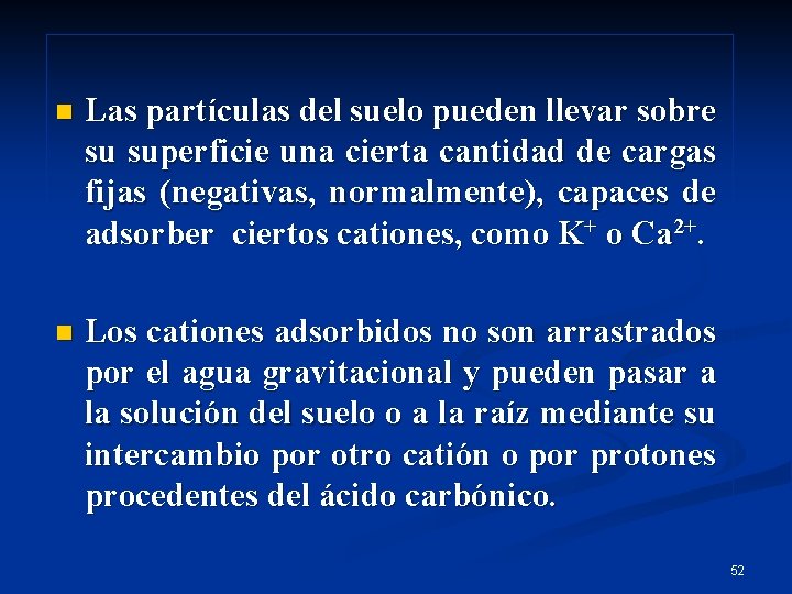 n Las partículas del suelo pueden llevar sobre su superficie una cierta cantidad de