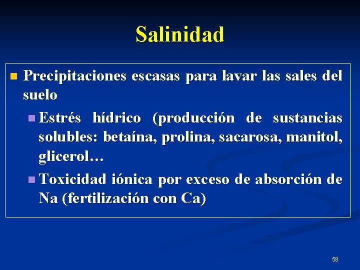 Salinidad n Precipitaciones escasas para lavar las sales del suelo n Estrés hídrico (producción