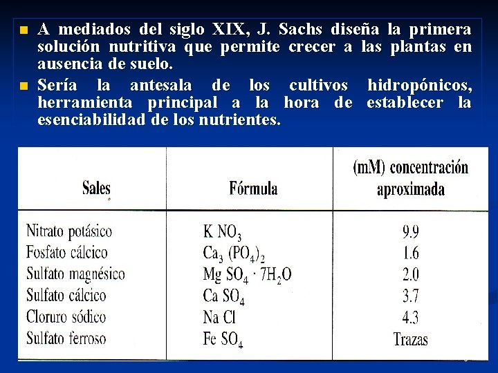 n n A mediados del siglo XIX, J. Sachs diseña la primera solución nutritiva