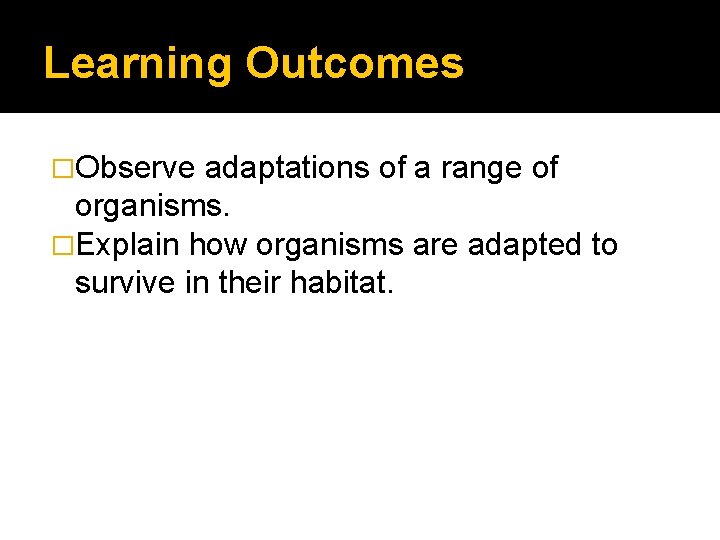 Learning Outcomes �Observe adaptations of a range of organisms. �Explain how organisms are adapted